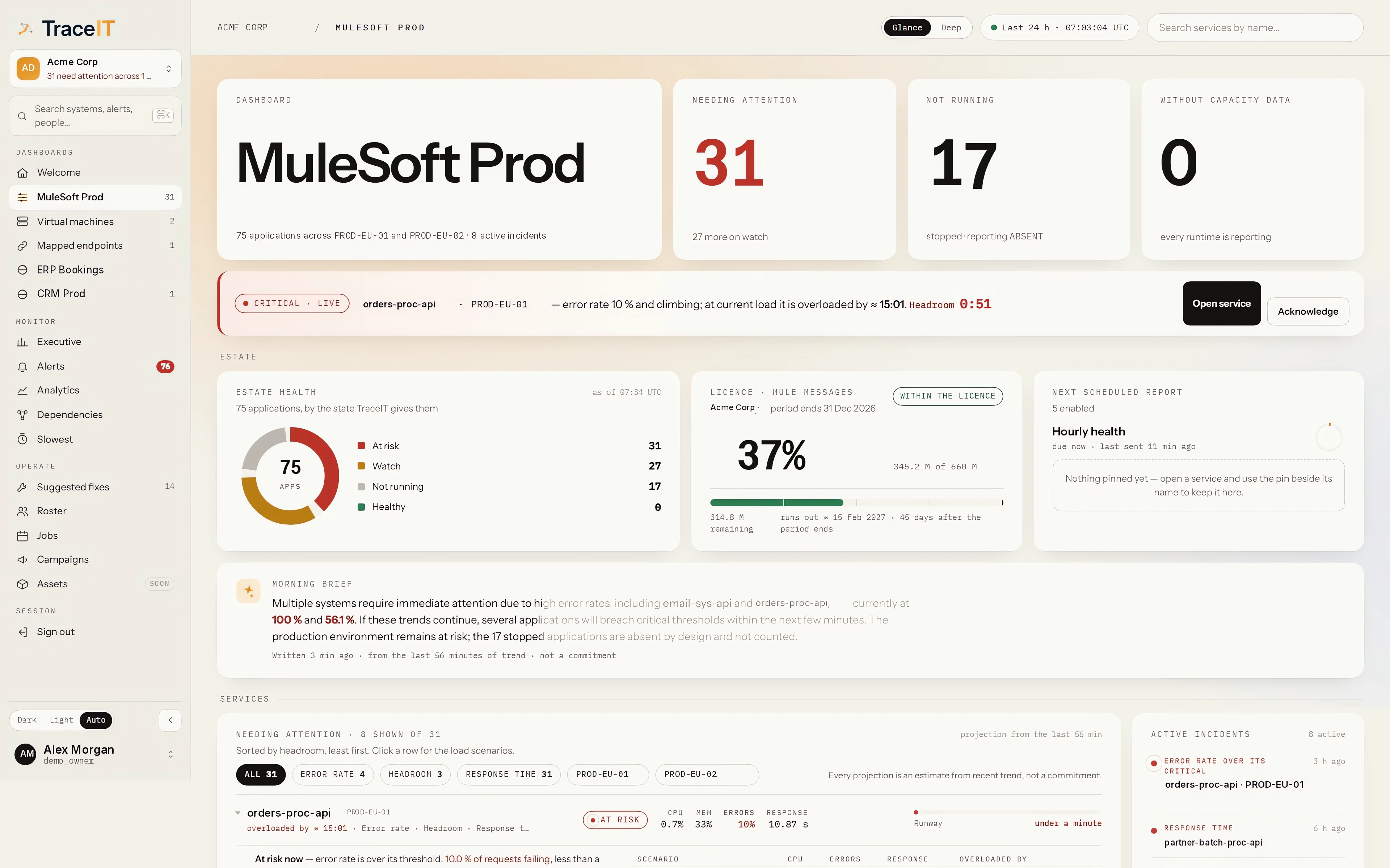 A system dashboard: services needing attention first, a live critical banner, estate health and a morning brief